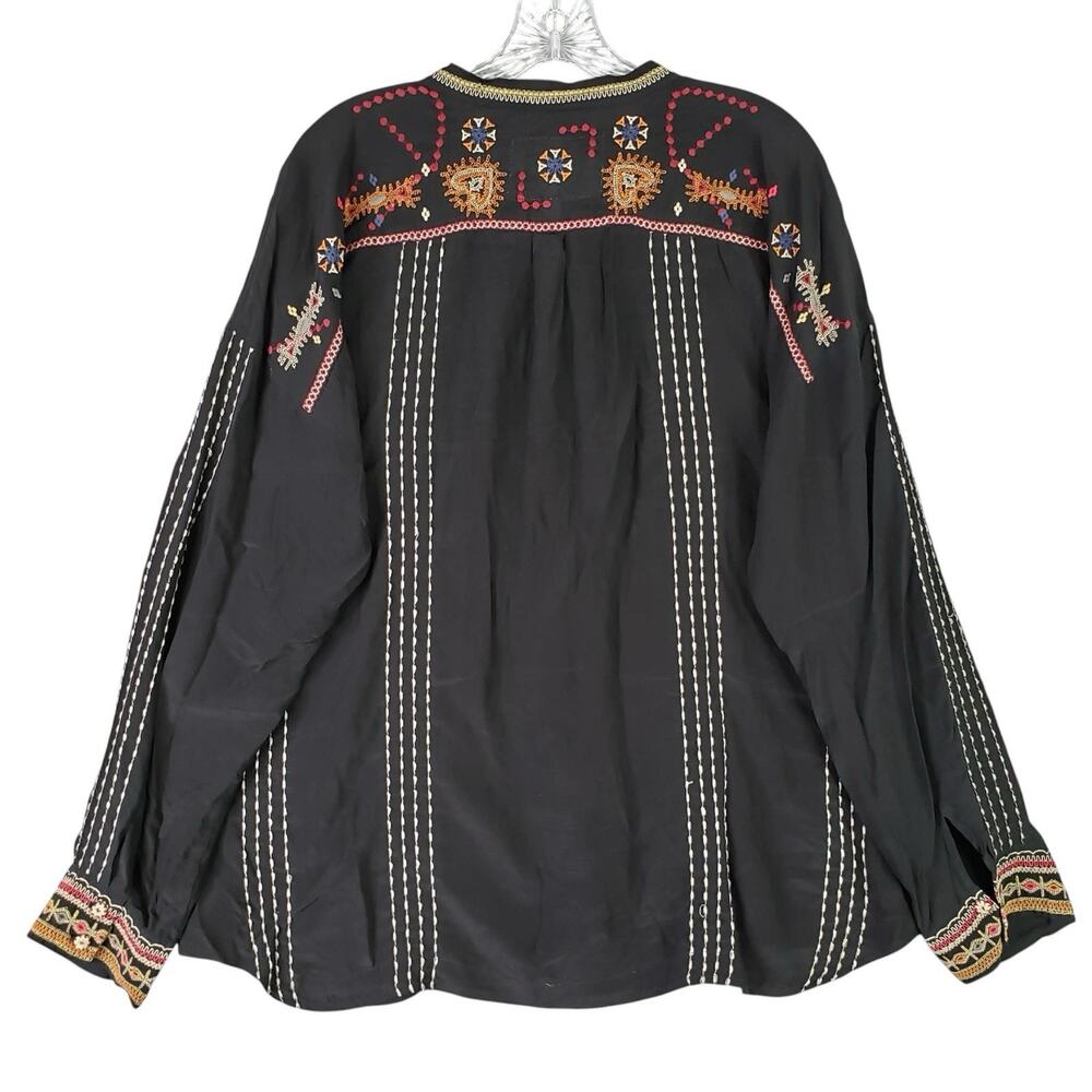 BIYA Johnny Was Silk Blouse Womens XL Black Ozee Embroidered Boho Top Shirt - Picture 3 of 8